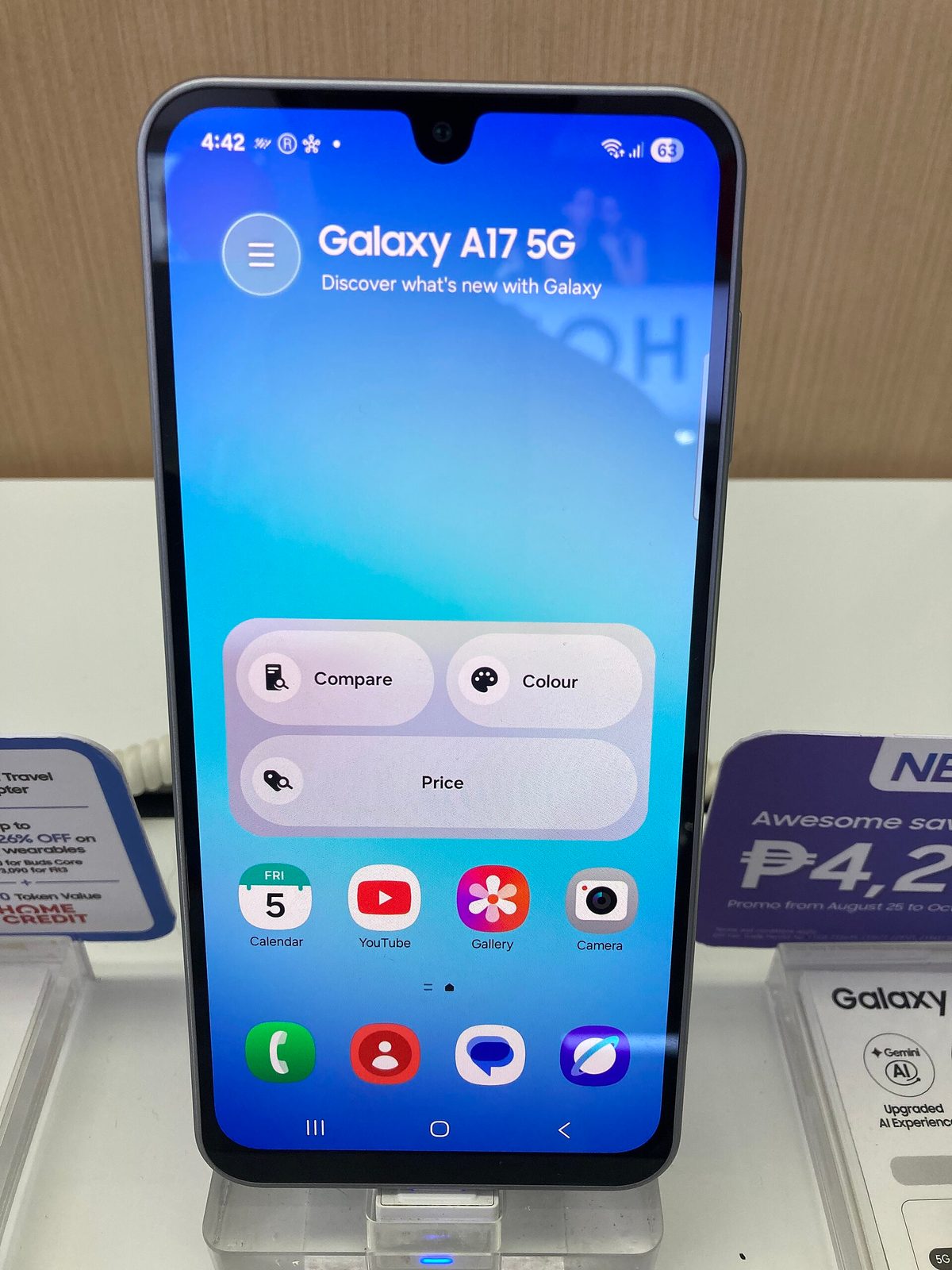 Samsung Galaxy A17 5G on a store display, front view