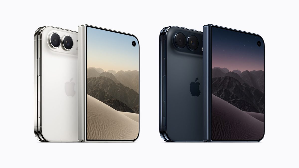 Apple iPhone Duo shown in both color options, folded and open, one of the two devices Verizon names as compatible with iPhone Handoff