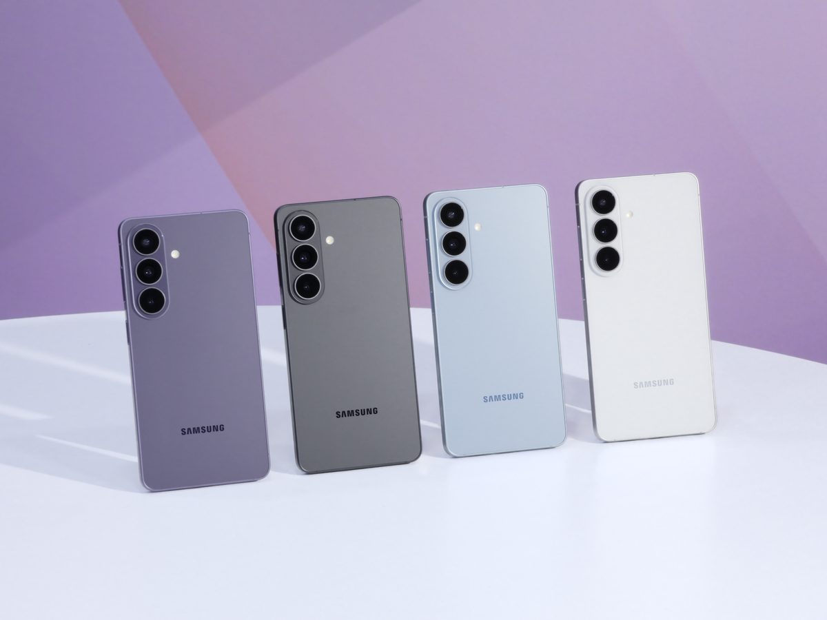 Samsung Galaxy S26 in violet, black, light blue and white, rear view showing the triple camera
