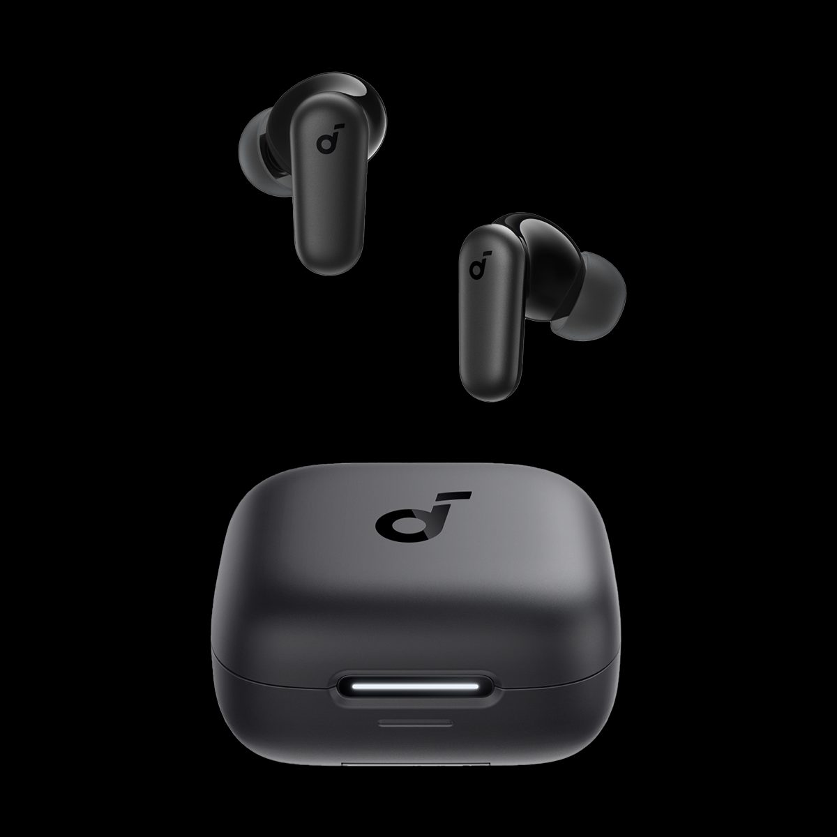 Anker Soundcore P30i wireless earbuds and 2-in-1 charging case/phone stand in black, official product photo