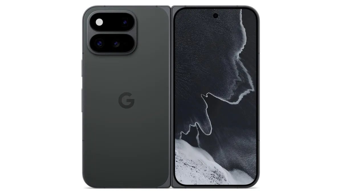 Google Pixel 11 Pro Fold in Obsidian, shown closed (rear camera and G logo) and open (inner display) side by side