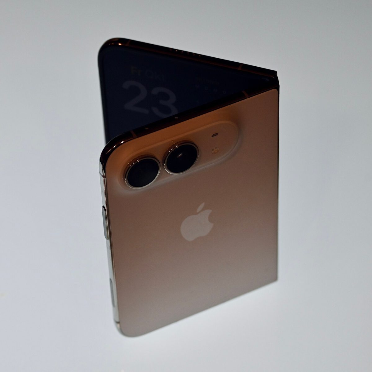 iPhone Duo folded, showing its dual rear cameras and Apple logo
