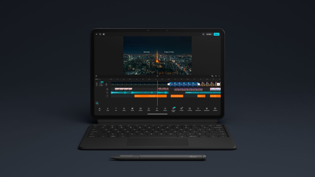 Amazon Alexa Tablet 12 Pro attached to its magnetic Pro Keyboard, with the optional Pro Pen in front