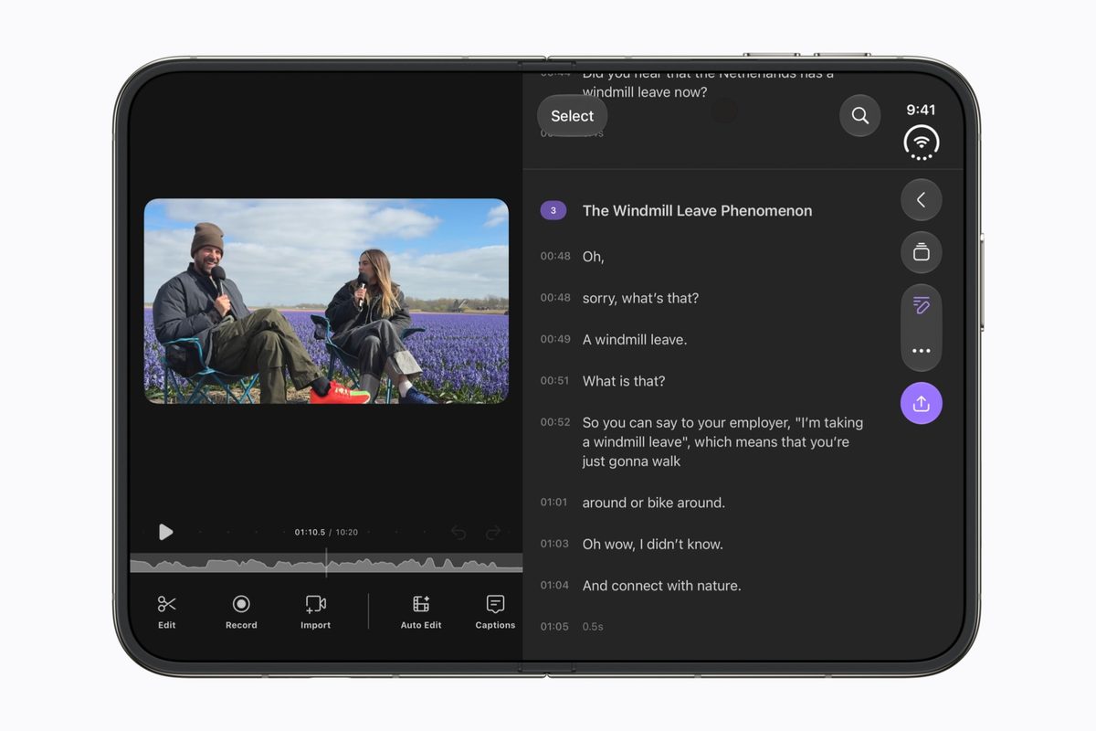 iPhone Duo fully unfolded, running a video-editing app on the inner display