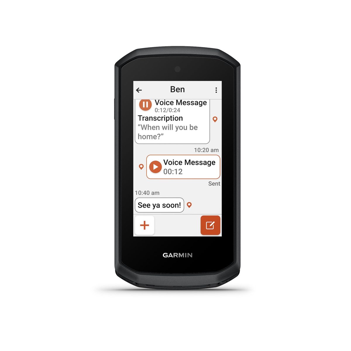 The Garmin Edge Explore 3 Plus touchscreen GPS bike computer, shown displaying a voice-message conversation with transcription