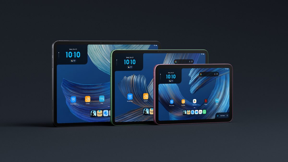 The Amazon Alexa Tablet 12 Pro, 11, and 8 side by side, showing their home screens including a visible Google Play Store icon on the smallest model