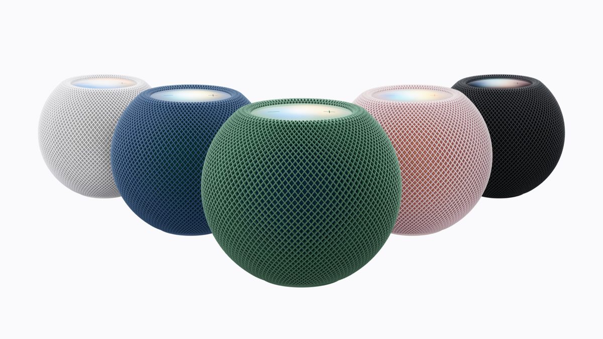 The five HomePod mini 2 colors — white, blue, green, pink and black — announced October 13, 2026